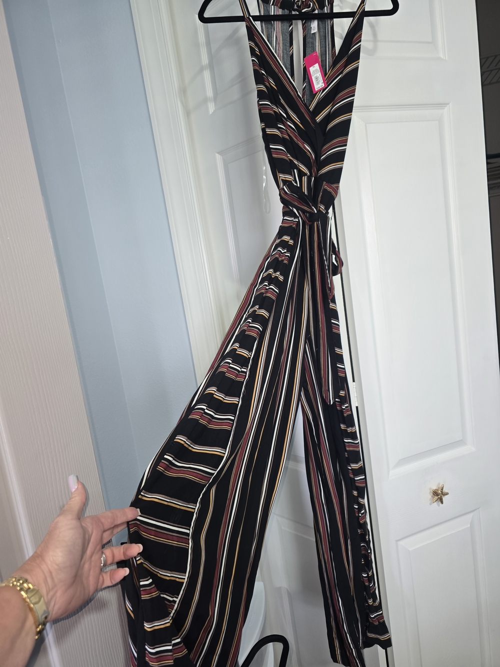 Xhilaration Black Striped Wrap Jumpsuit with Multi-Color Stripes